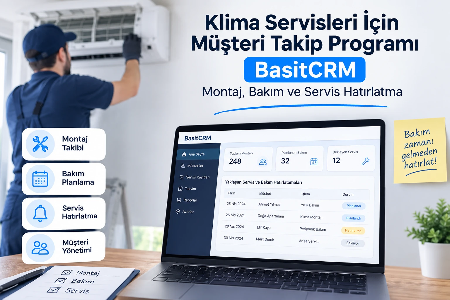 Klima Servisleri İçin Müşteri Takip Programı BasitCRM: Montaj, Bakım ve Servis Hatırlatma